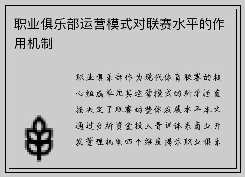 职业俱乐部运营模式对联赛水平的作用机制