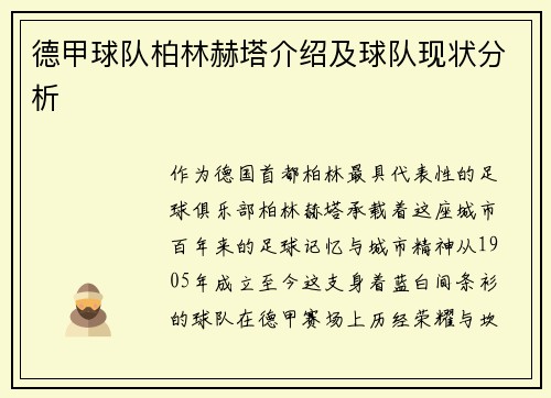 德甲球队柏林赫塔介绍及球队现状分析